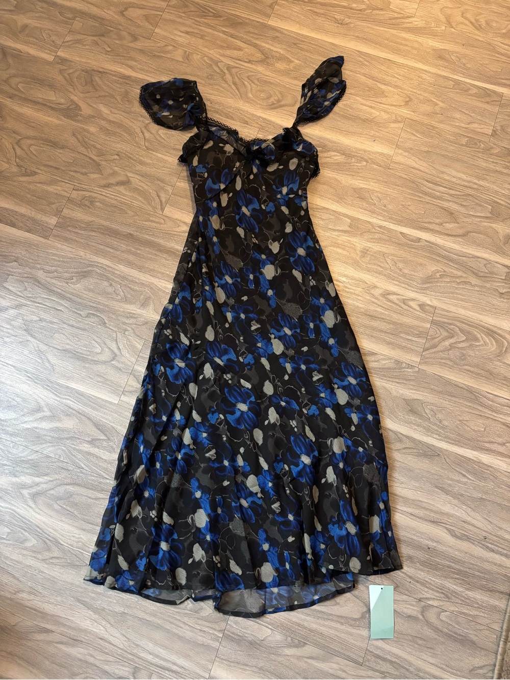 Nasty Gal Black Midi Dress with Blue & Gray Floral Print - Picture 2 of 6
